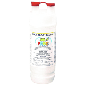 A bottle of Pool FROG Bac Pac prefilled with 2.2 lbs. of Trichlor, Replacement Chlorine Cartridges, for use with Pool FROG Model 5400 and Pool FROG Model 6100.